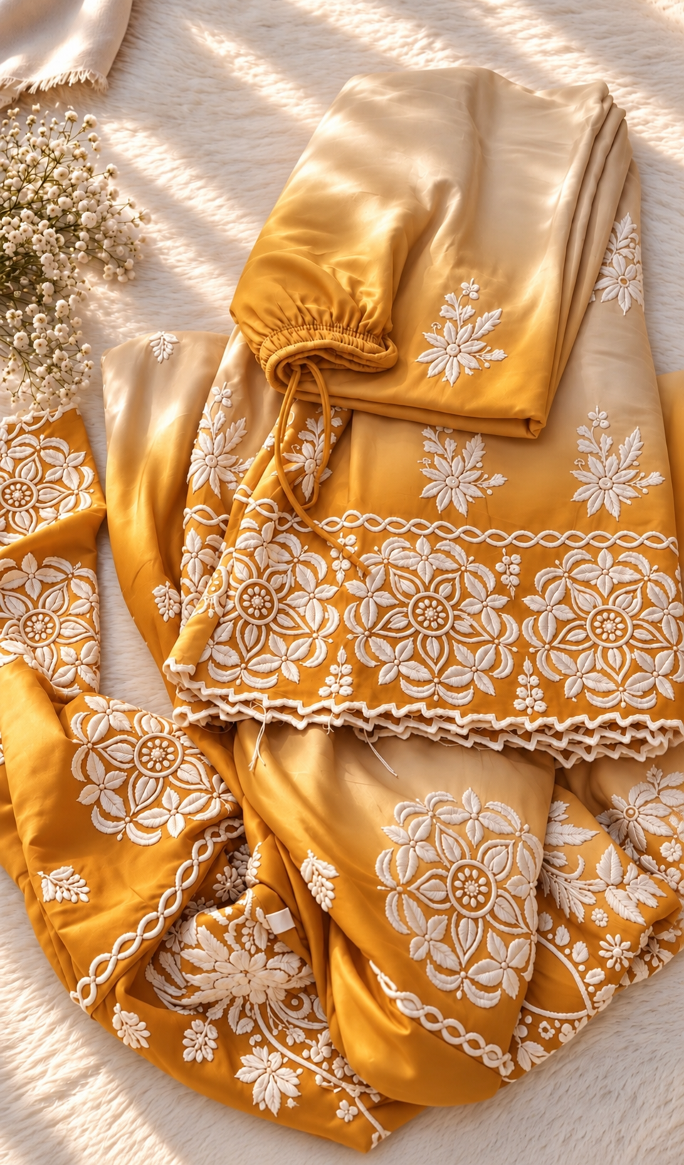 Citrine Haze Azhel Co-ord Set by LVW Fashions featuring handmade Lucknow Chikankari embroidery on kurta with back and sleeve details.