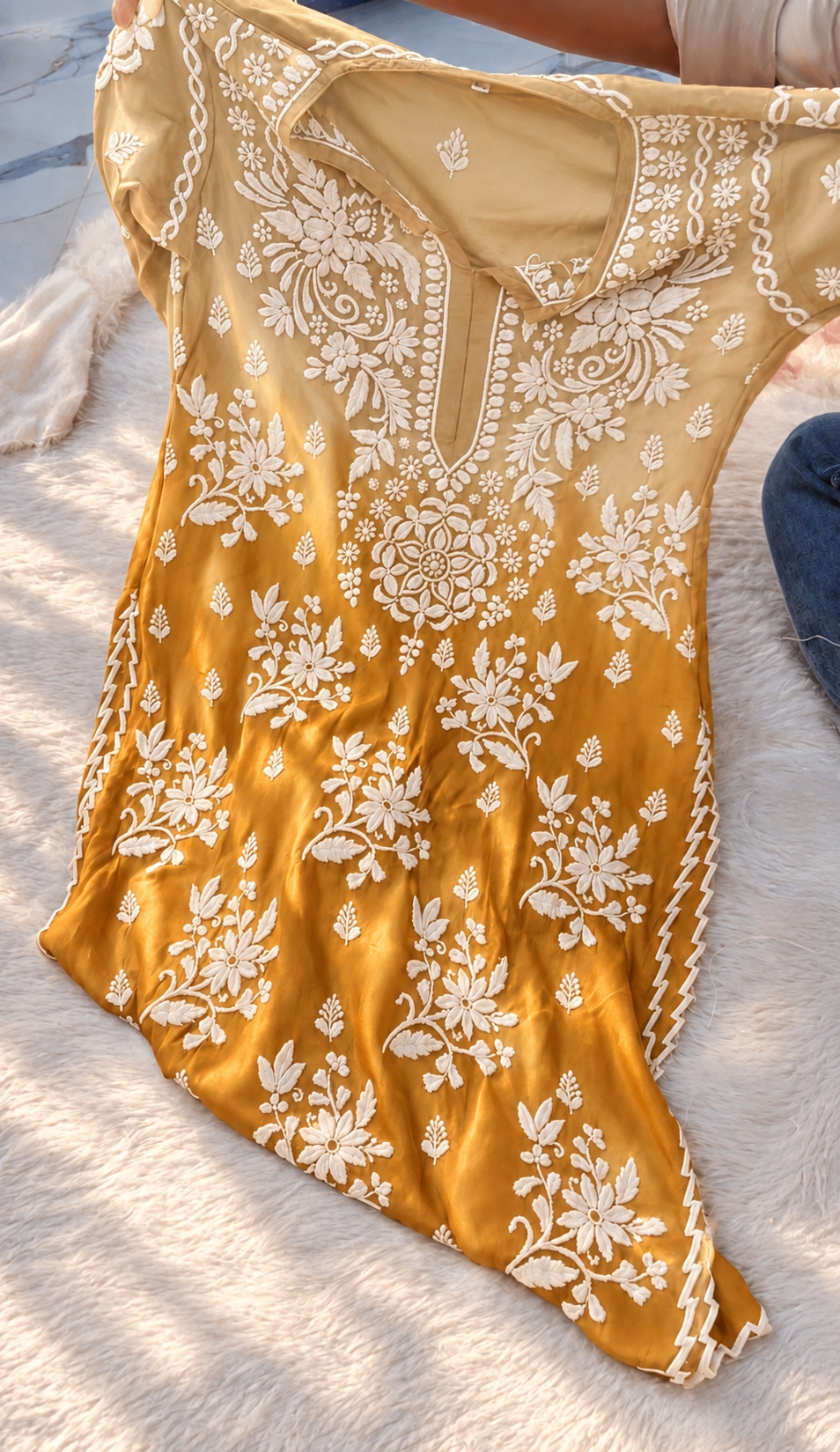 LVW Fashions Citrine Haze Azhel Co-ord Set featuring hand-embroidered back and sleeves, Lucknow Chikankari, handmade and unique.
