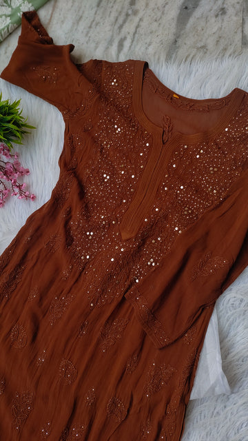 Beautiful handmade Lucknow Chikankari kurta and silk plazzos co-ord set by LVW Fashions in premium georgette fabric.