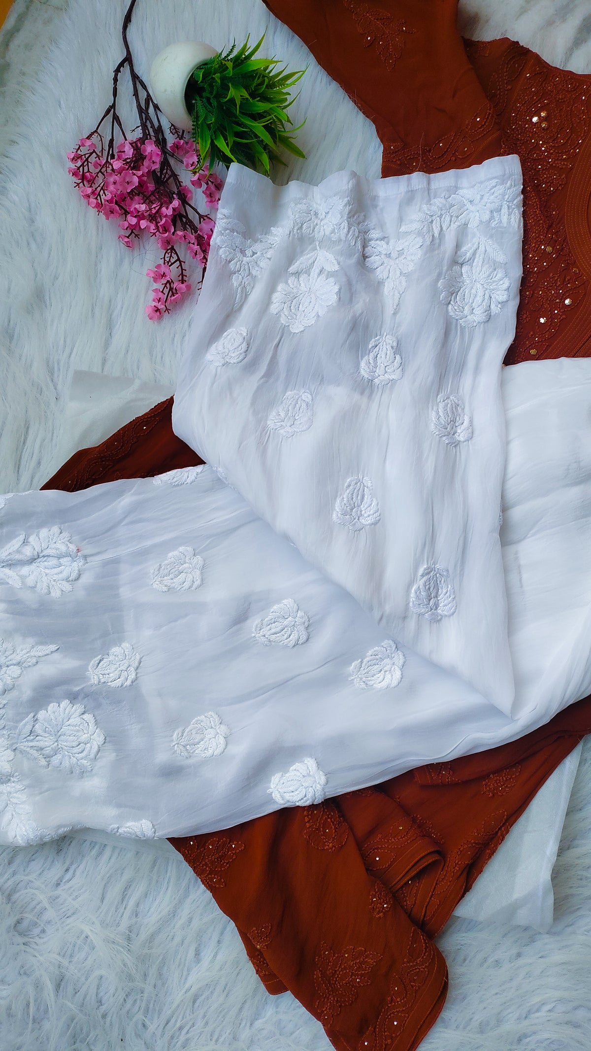 Beautiful handmade Lucknow Chikankari georgette kurta with silk plazzos co-ord set by LVW Fashions, featuring intricate embroidery.