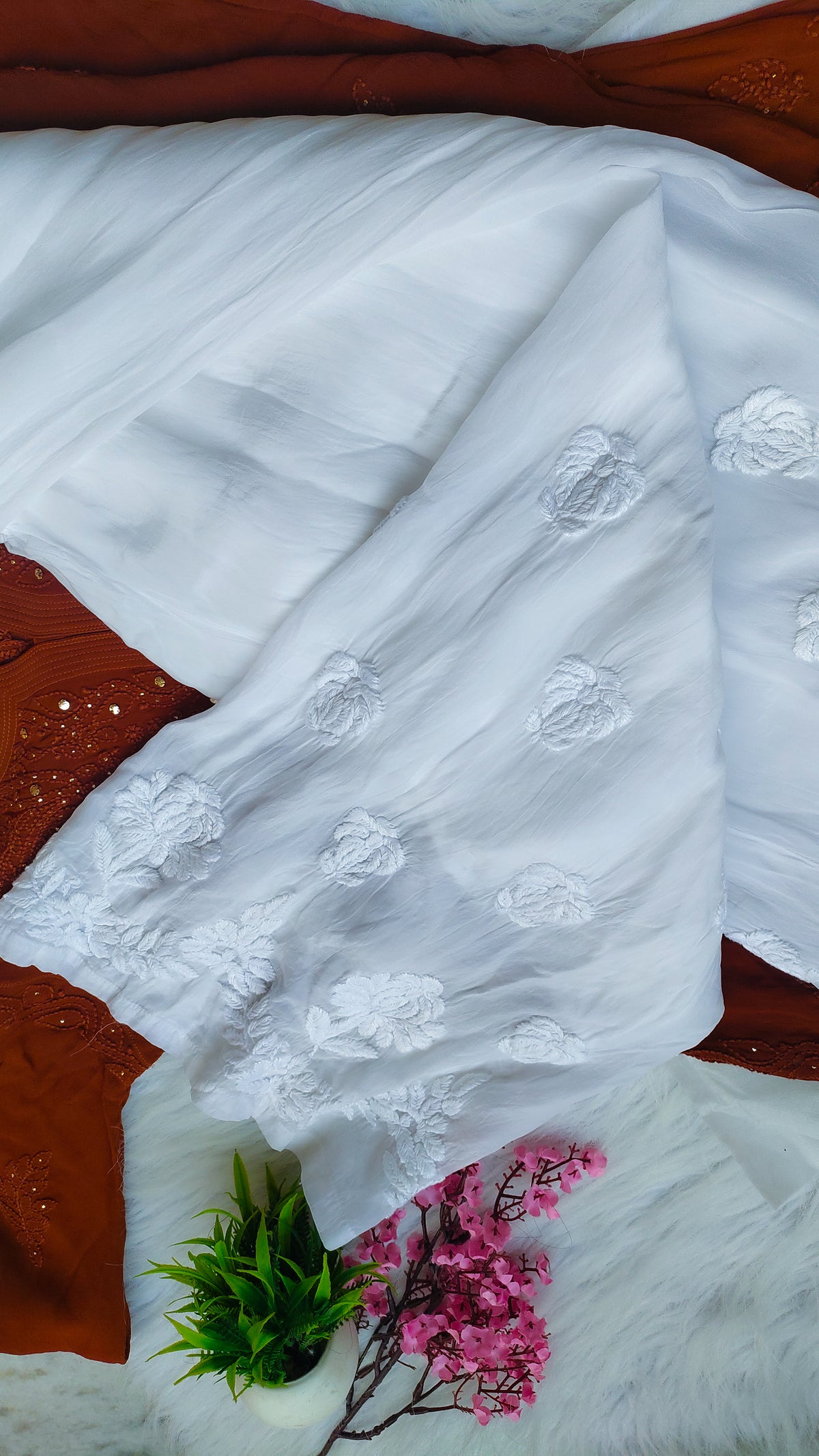 Beautiful handmade Chikankari kurta and silk plazzos co-ord set in premium georgette, by LVW Fashions, featuring intricate Lucknow embroidery.