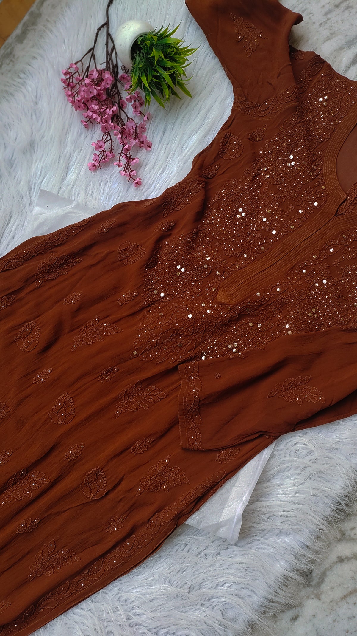 Beautiful handmade Lucknow Chikankari kurta with premium georgette and silk plazzo co-ord set by LVW Fashions.