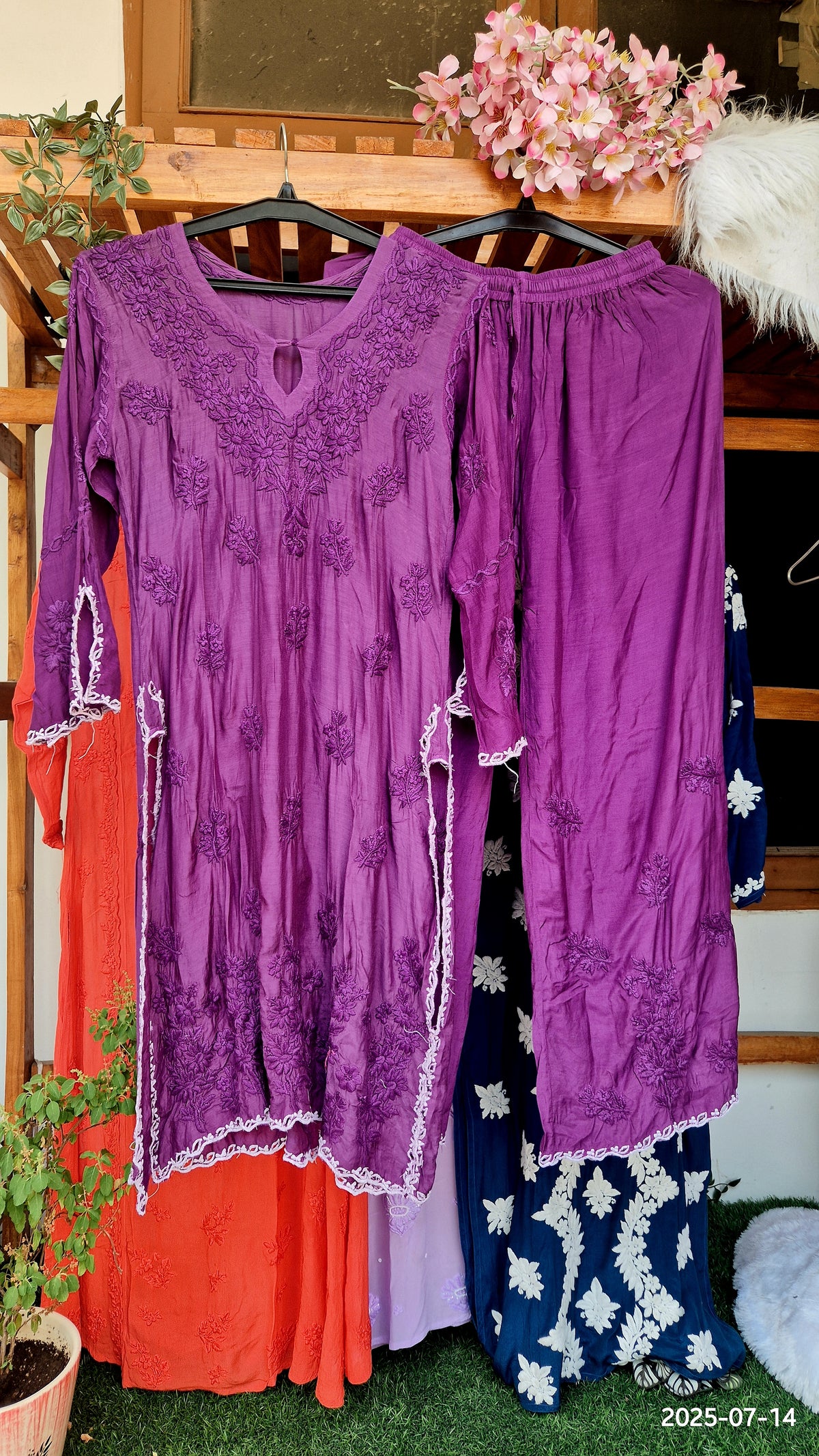 Deep purple silk chikankari co-ord set by LVW Fashions featuring intricate handmade Lucknow chikankari embroidery.