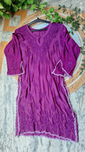 Deep purple silk co-ord set with intricate handmade Lucknow chikankari embroidery by LVW Fashions, luxurious and elegant.