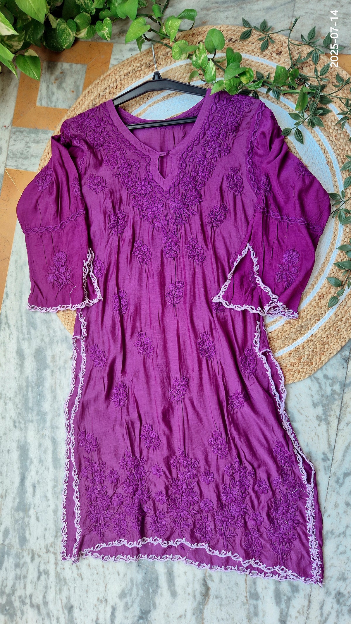 Deep purple silk co-ord set with intricate handmade Lucknow chikankari embroidery by LVW Fashions, luxurious and elegant.