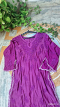 Deep purple silk Chikankari co-ord set with intricate handmade embroidery, luxurious look, from LVW Fashions.