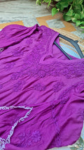 Deep purple silk chikankari co-ord set by LVW Fashions featuring intricate handmade Lucknow chikankari embroidery.