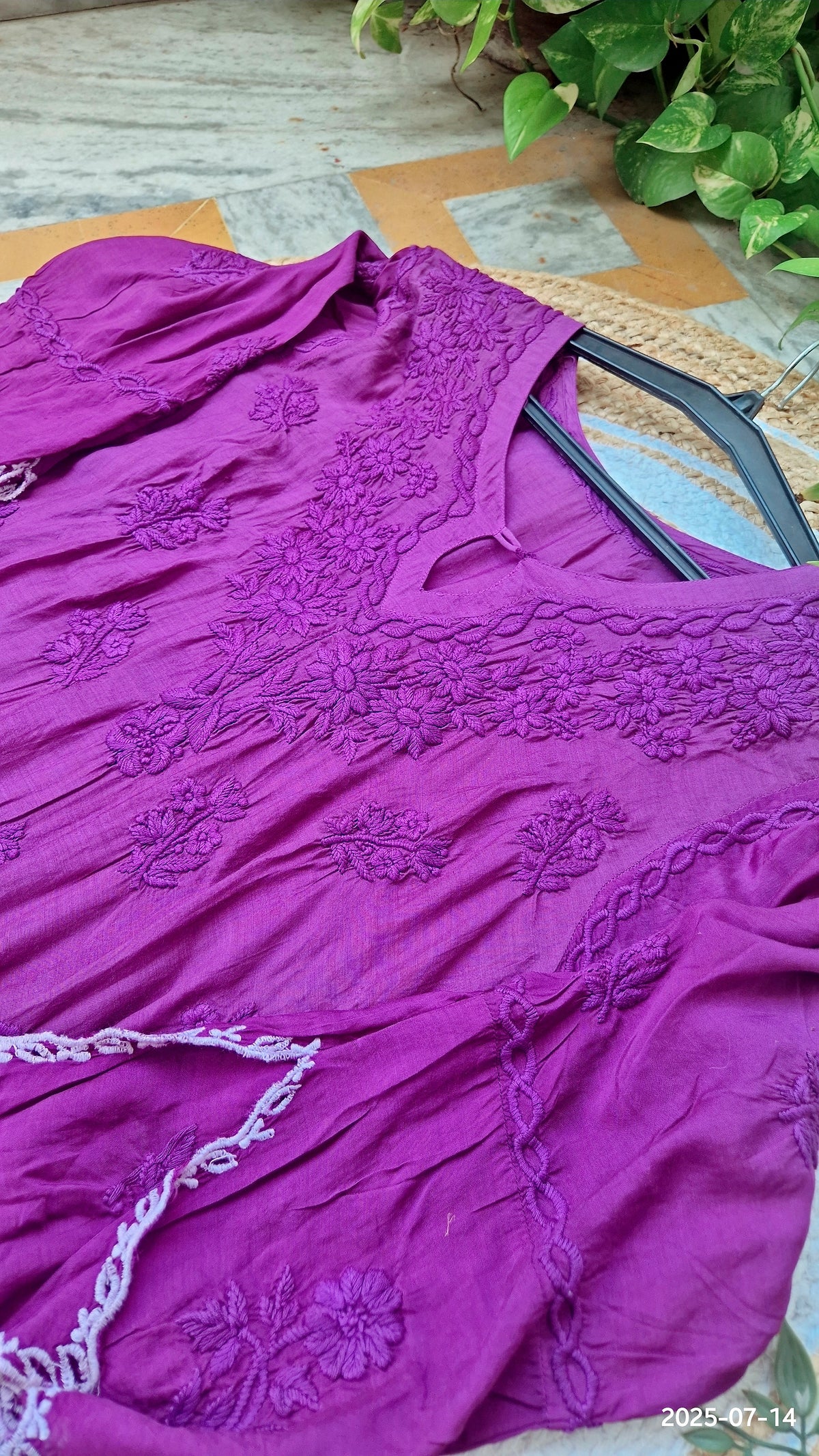 Deep purple silk chikankari co-ord set by LVW Fashions featuring intricate handmade Lucknow chikankari embroidery.