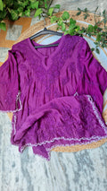 Deep purple silk chikankari co-ord set by LVW Fashions featuring intricate handmade Lucknow chikankari embroidery.