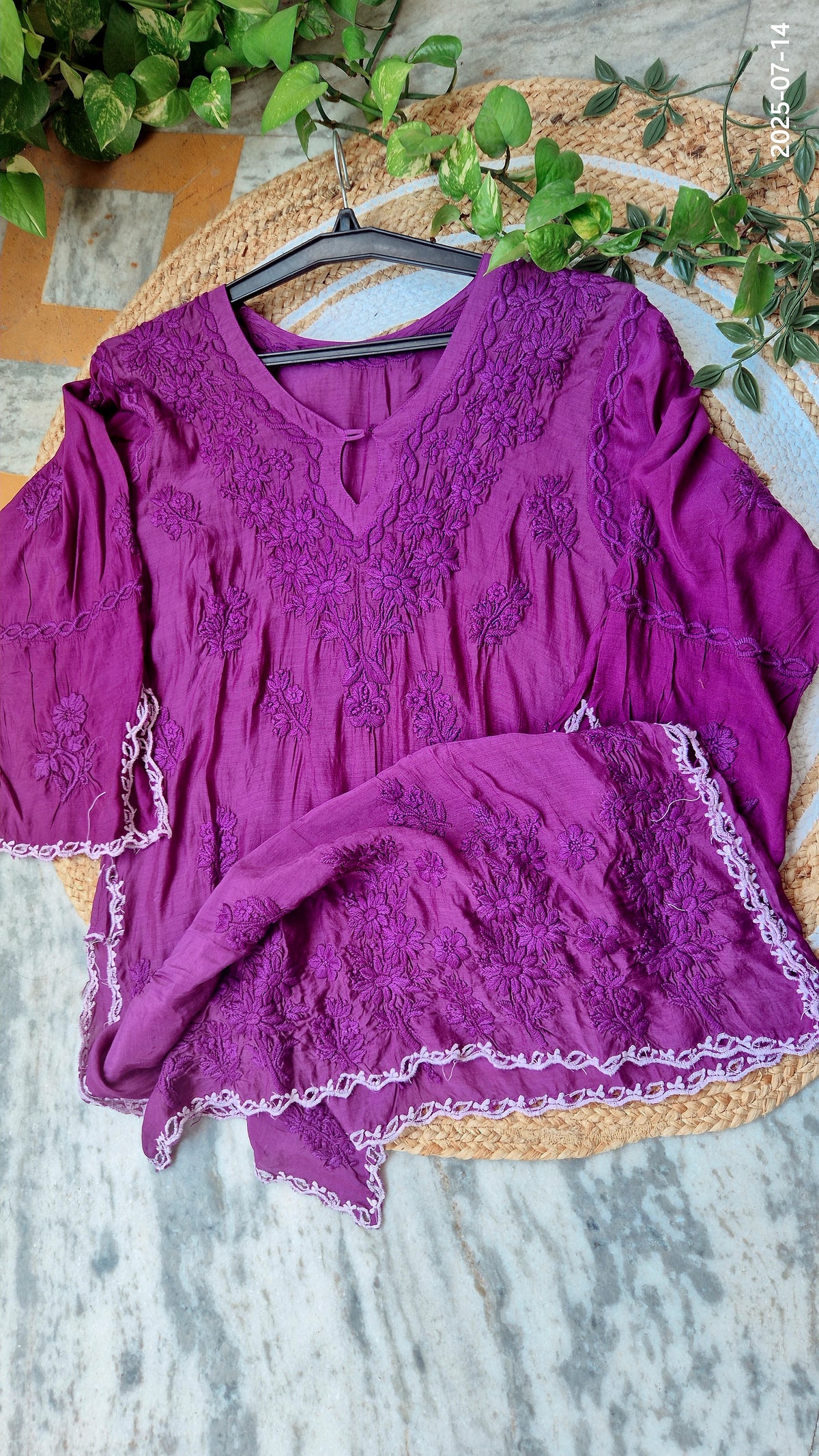 Deep purple silk chikankari co-ord set by LVW Fashions featuring intricate handmade Lucknow chikankari embroidery.