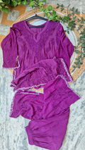 Deep purple silk Chikankari co-ord set by LVW Fashions featuring intricate handmade Lucknow Chikankari embroidery.
