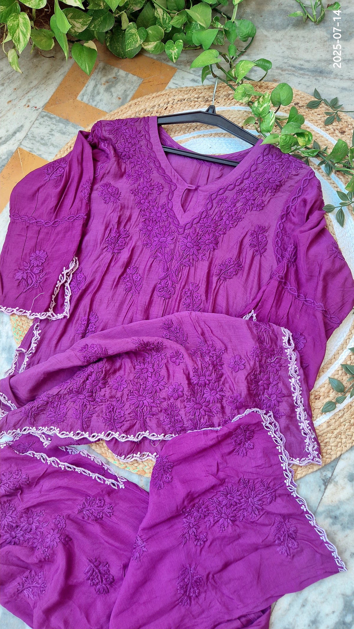 Deep purple silk Chikankari co-ord set by LVW Fashions with intricate handmade Lucknow embroidery and luxurious look.