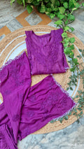 Deep purple silk chikankari co-ord set by LVW Fashions featuring intricate handmade Lucknow chikankari embroidery.