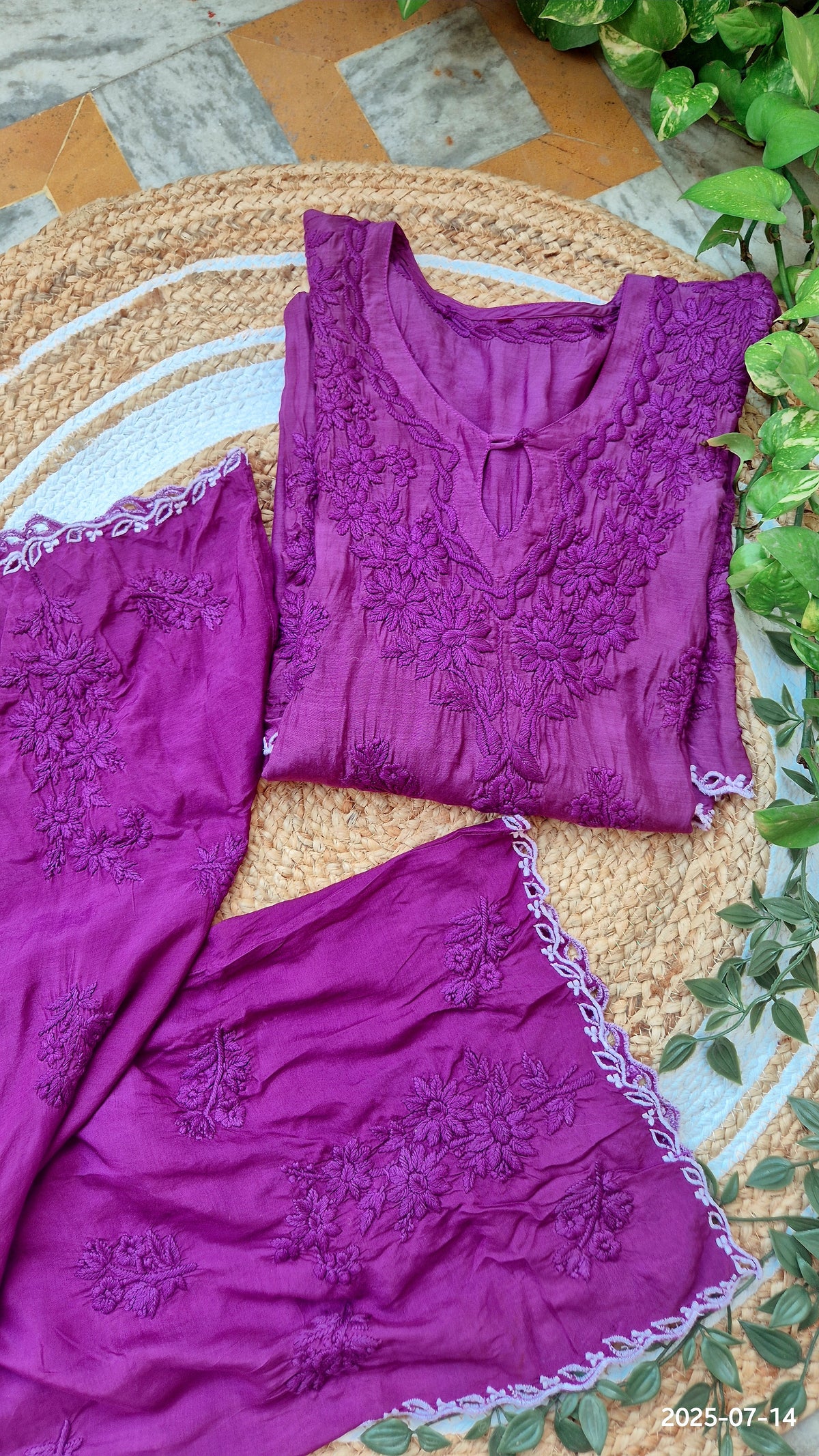 Deep purple silk co-ord set with intricate handmade Lucknow Chikankari from LVW Fashions, luxurious look and premium craftsmanship.