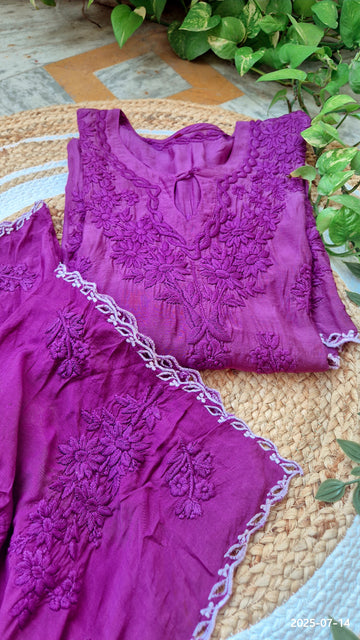 Deep purple silk chikankari co-ord set by LVW Fashions, featuring intricate handmade Lucknow chikankari embroidery.