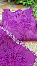 Deep purple silk co-ord set with intricate handmade Lucknow chikankari embroidery by LVW Fashions.