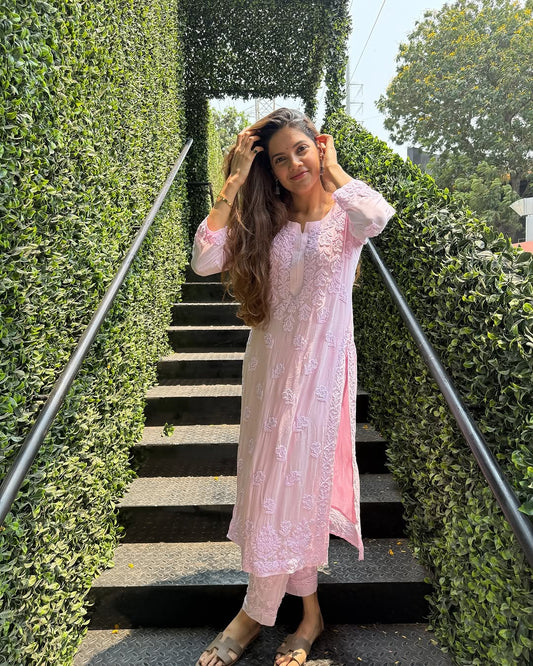 Hoor Pinkish Premium Georgette Chikankari Luxurious Look co-ord Set