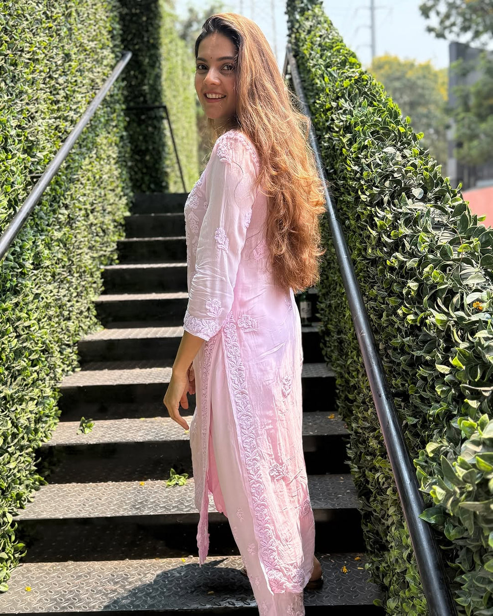 Hoor Pinkish premium georgette co-ord set with intricate handmade Lucknow chikankari by LVW Fashions, luxurious and elegant.