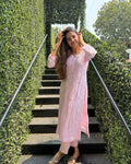 Pinkish Hoor premium georgette co-ord set with intricate handmade Lucknow chikankari embroidery, luxurious look from LVW Fashions.