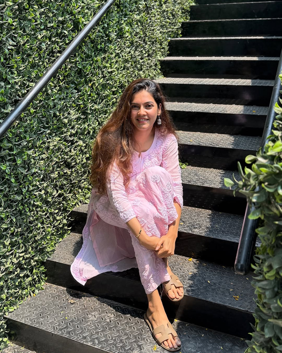 Hoor Pinkish Premium Georgette Chikankari co-ord set by LVW Fashions featuring a handmade Lucknow chikankari kurta and matching pants.