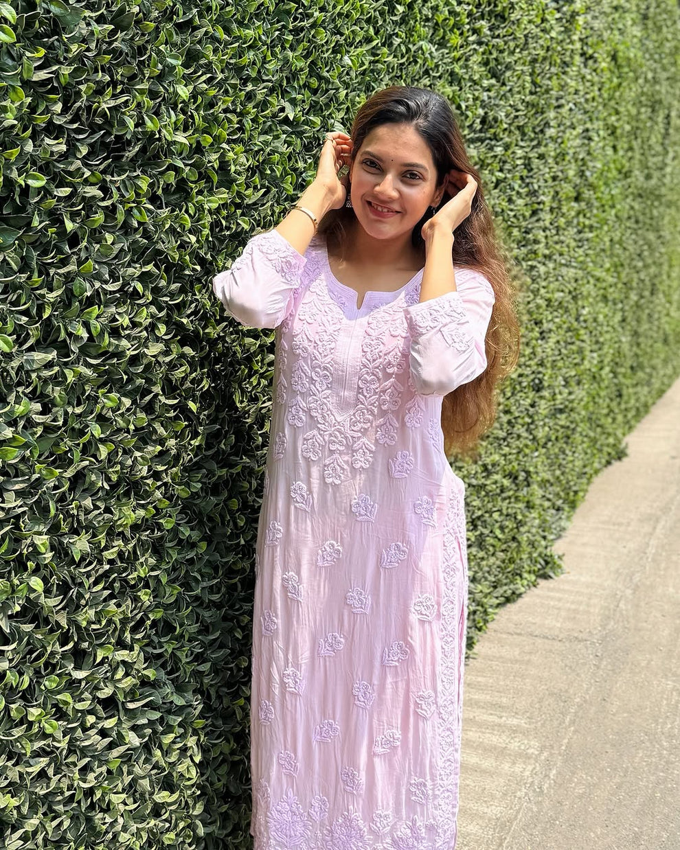LVW Fashions pinkish premium georgette chikankari co-ord set featuring intricate handmade Lucknow chikankari embroidery and luxurious look.