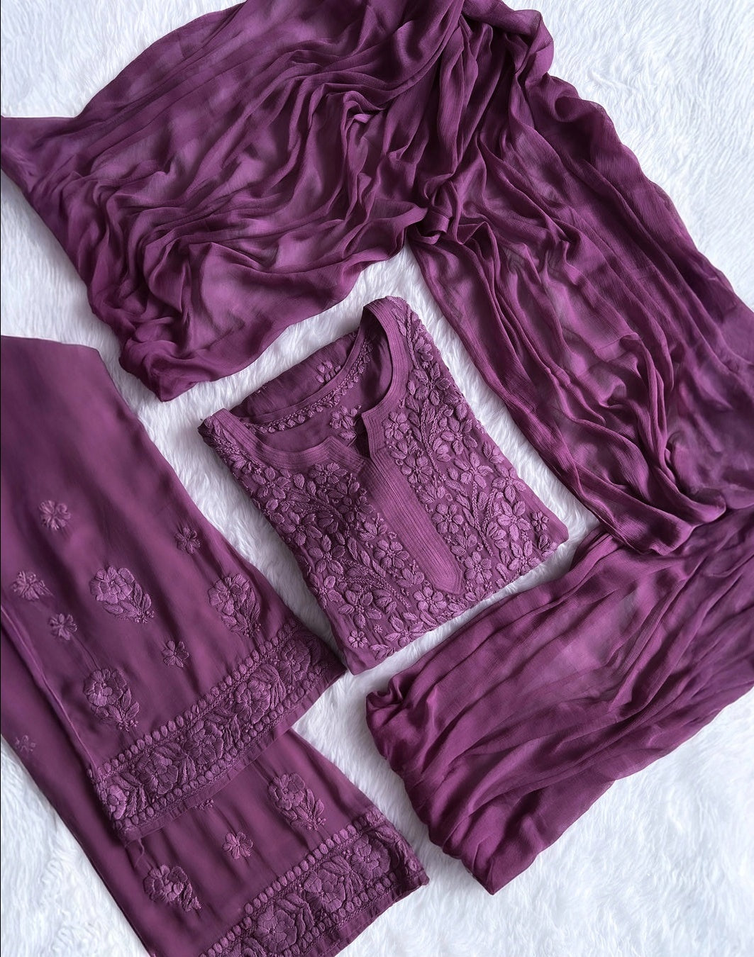 LVW Fashions Meer Premium Georgette Chikankari Kurta Set with intricate Lucknow-style embroidery, luxurious and elegant design.
