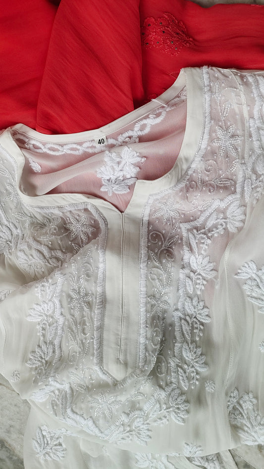 Noori white and red co-ord sharara set by LVW Fashions featuring handmade Lucknow Chikankari kurta with intricate embroidery.
