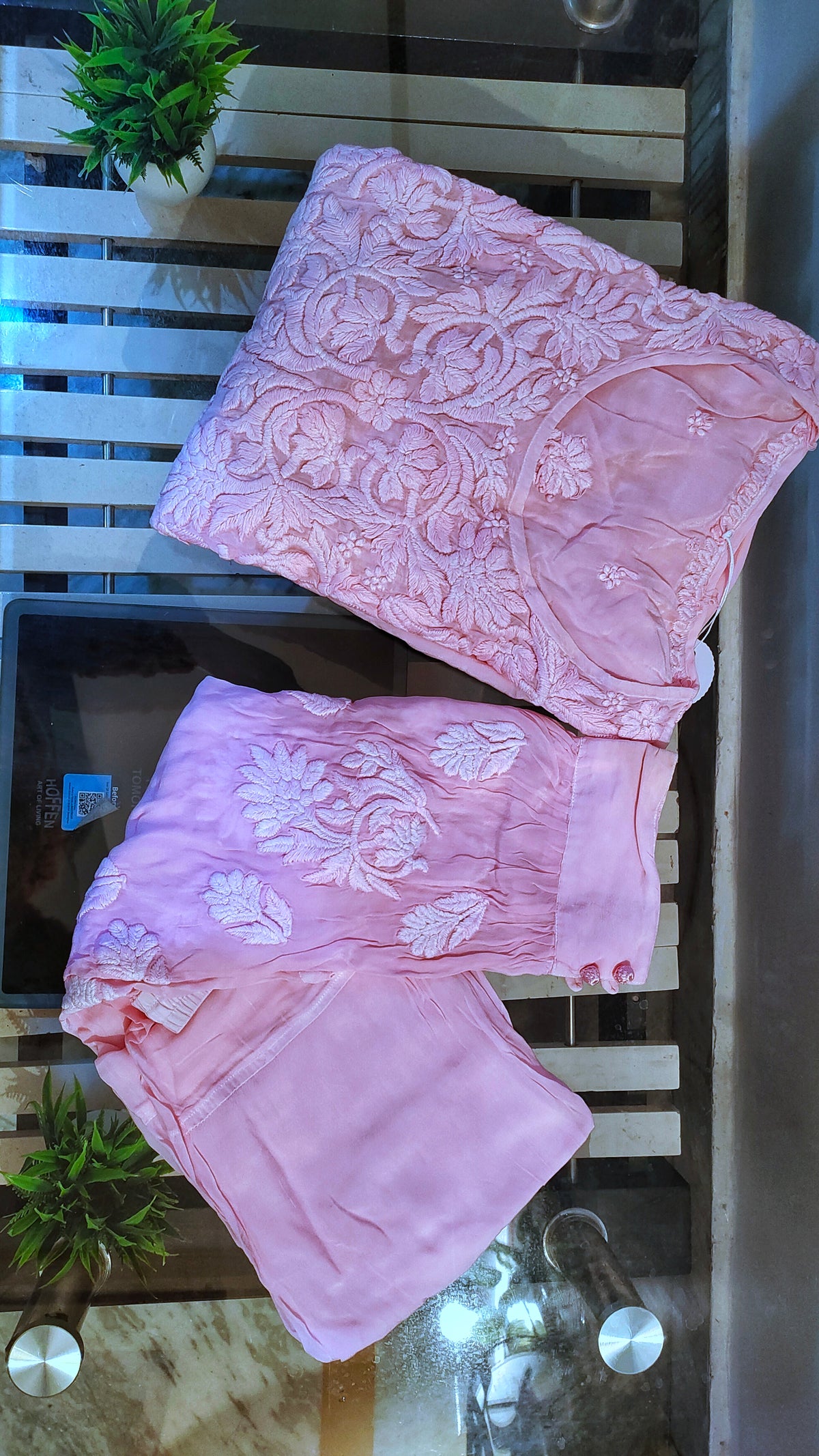 Premium shining silk Pankhi Afgani tunic set with intricate handmade Lucknow Chikankari from LVW Fashions.