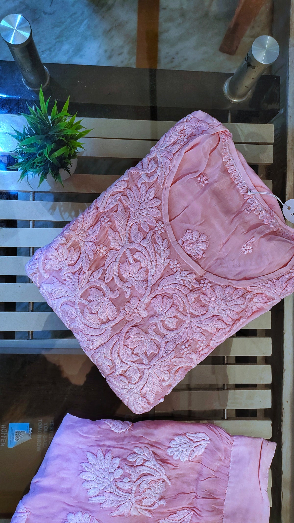Handmade pink Afgani tunic set with shining silk and intricate Lucknow Chikankari embroidery by LVW Fashions, includes kurta and co-ord.