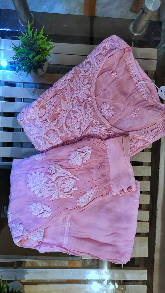Handmade Lucknow Chikankari Pankhi Afgani tunic set in premium shining silk, featuring intricate embroidery by LVW Fashions.