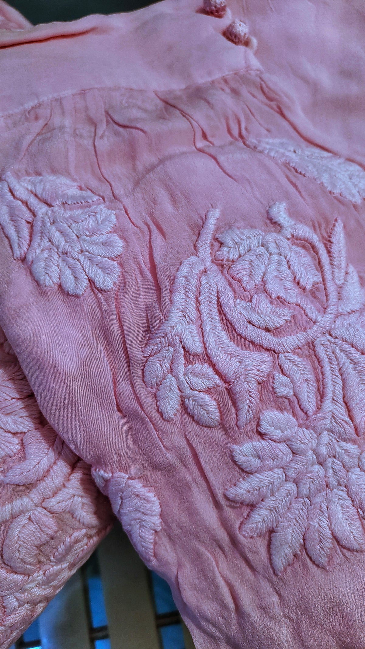 Handmade Pankhi Afgani tunic set by LVW Fashions in shining silk with intricate Lucknow chikankari embroidery.