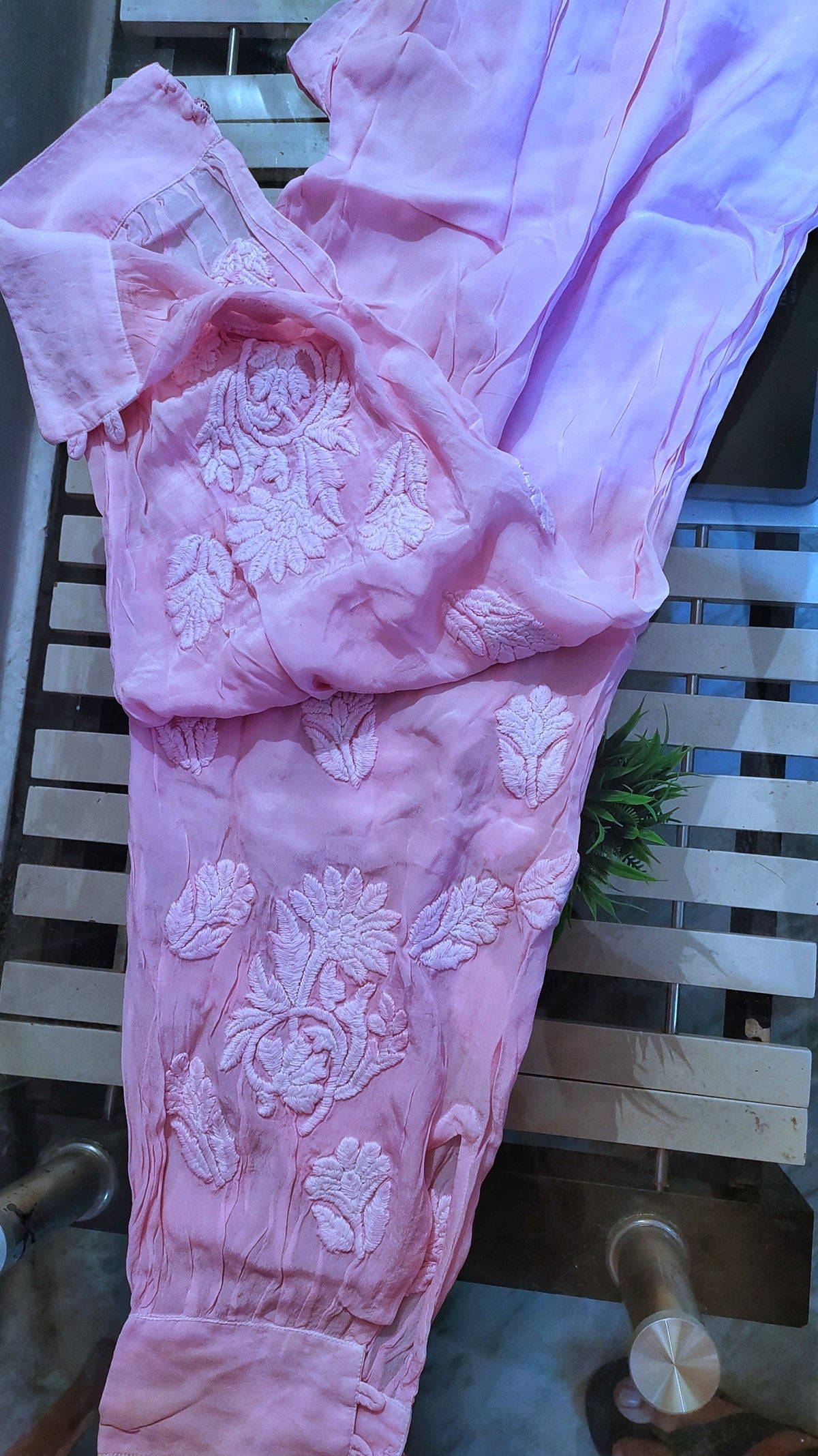 Handmade Pankhi Afgani tunic set by LVW Fashions featuring shining silk fabric and intricate Lucknow chikankari embroidery.