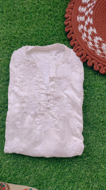 LVW Fashions handmade Chikankari Kurta co-ord set with premium satin tunic top in dyeable, pure handcrafted fabric, traditional Lucknow style.