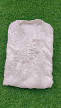 Handcrafted pure satin Safed Co-ord Set with tunic top featuring Lucknow Chikankari embroidery by LVW Fashions.