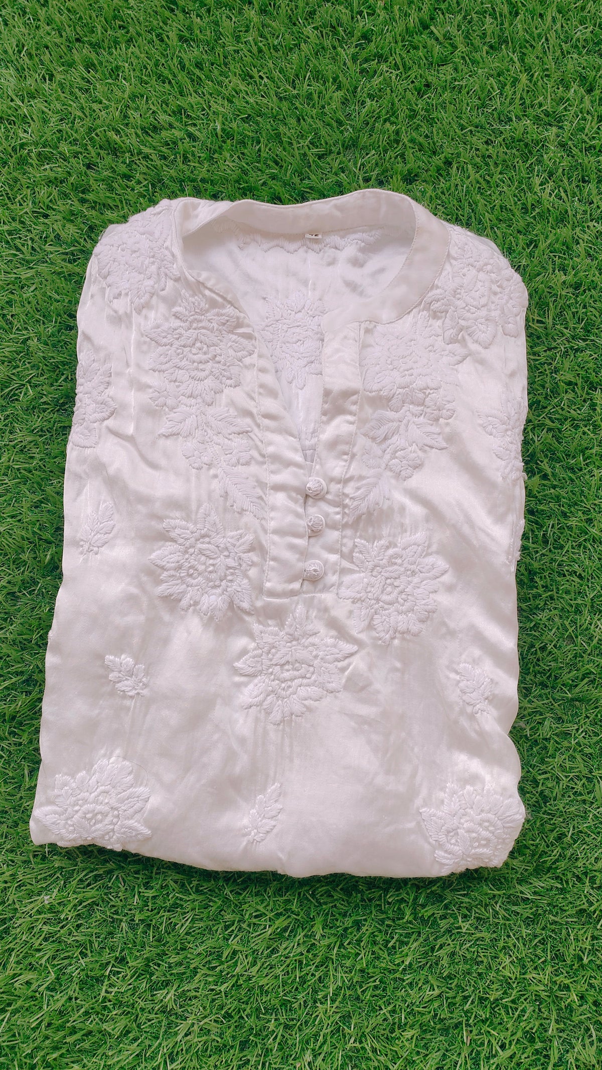 Handcrafted pure satin Safed Co-ord Set with tunic top featuring Lucknow Chikankari embroidery by LVW Fashions.