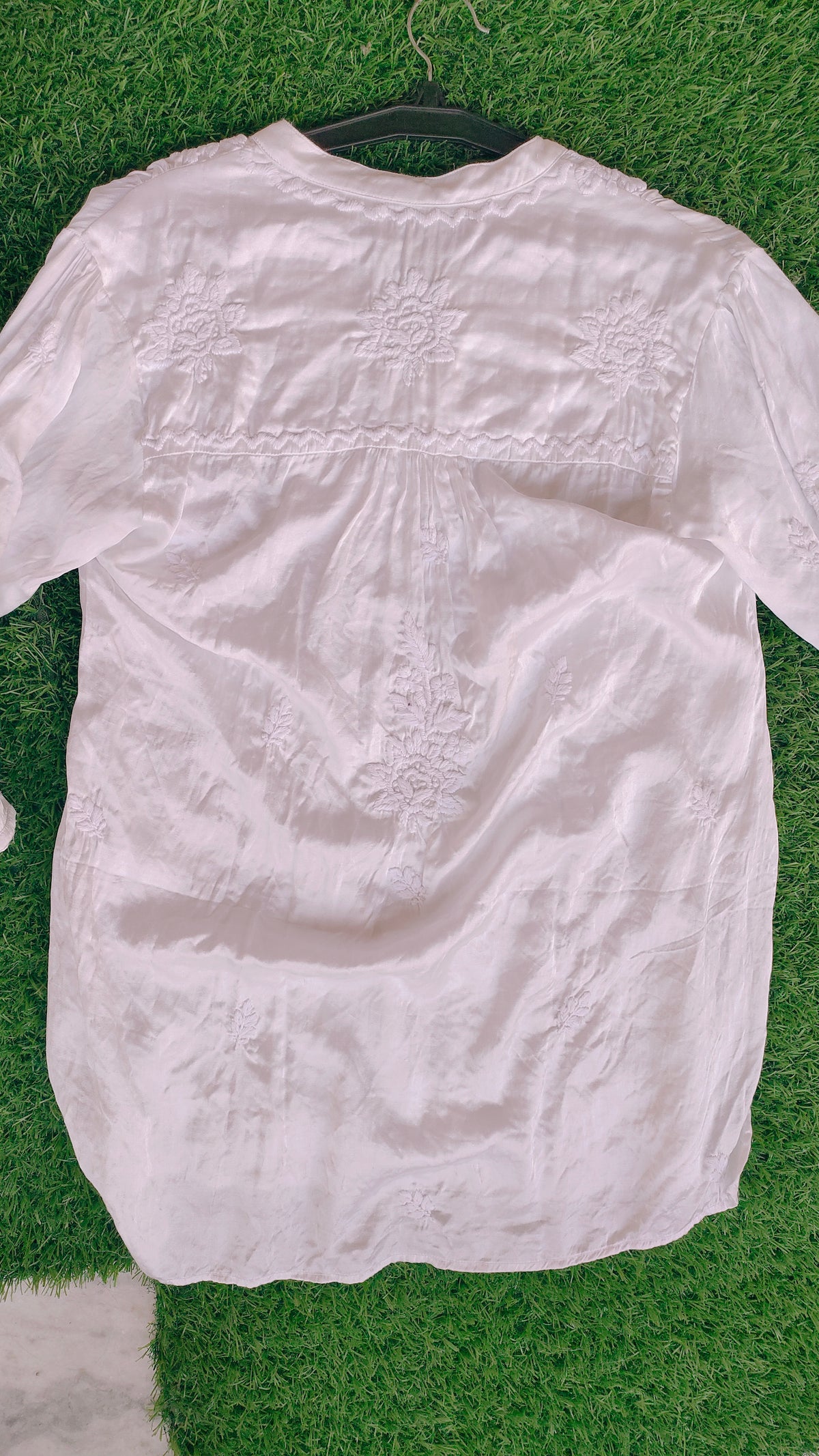 LVW Fashions premium satin co-ord set with handcrafted Lucknow Chikankari tunic top, dyeable fabric, pure handmade craftsmanship.