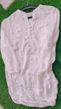 Handcrafted white satin co-ord set with tunic top, dyeable fabric, by LVW Fashions featuring Lucknow Chikankari embroidery.