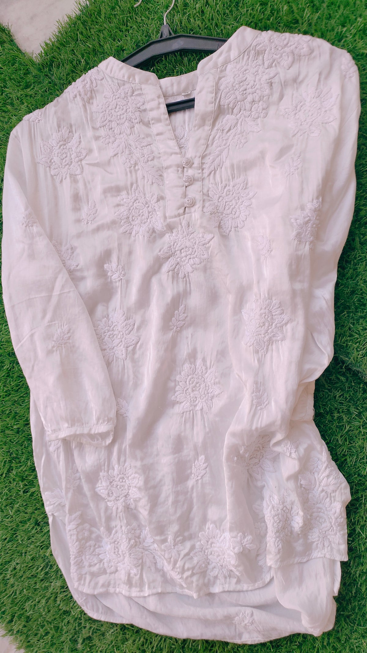Handcrafted white satin co-ord set with tunic top, dyeable fabric, by LVW Fashions featuring Lucknow Chikankari embroidery.