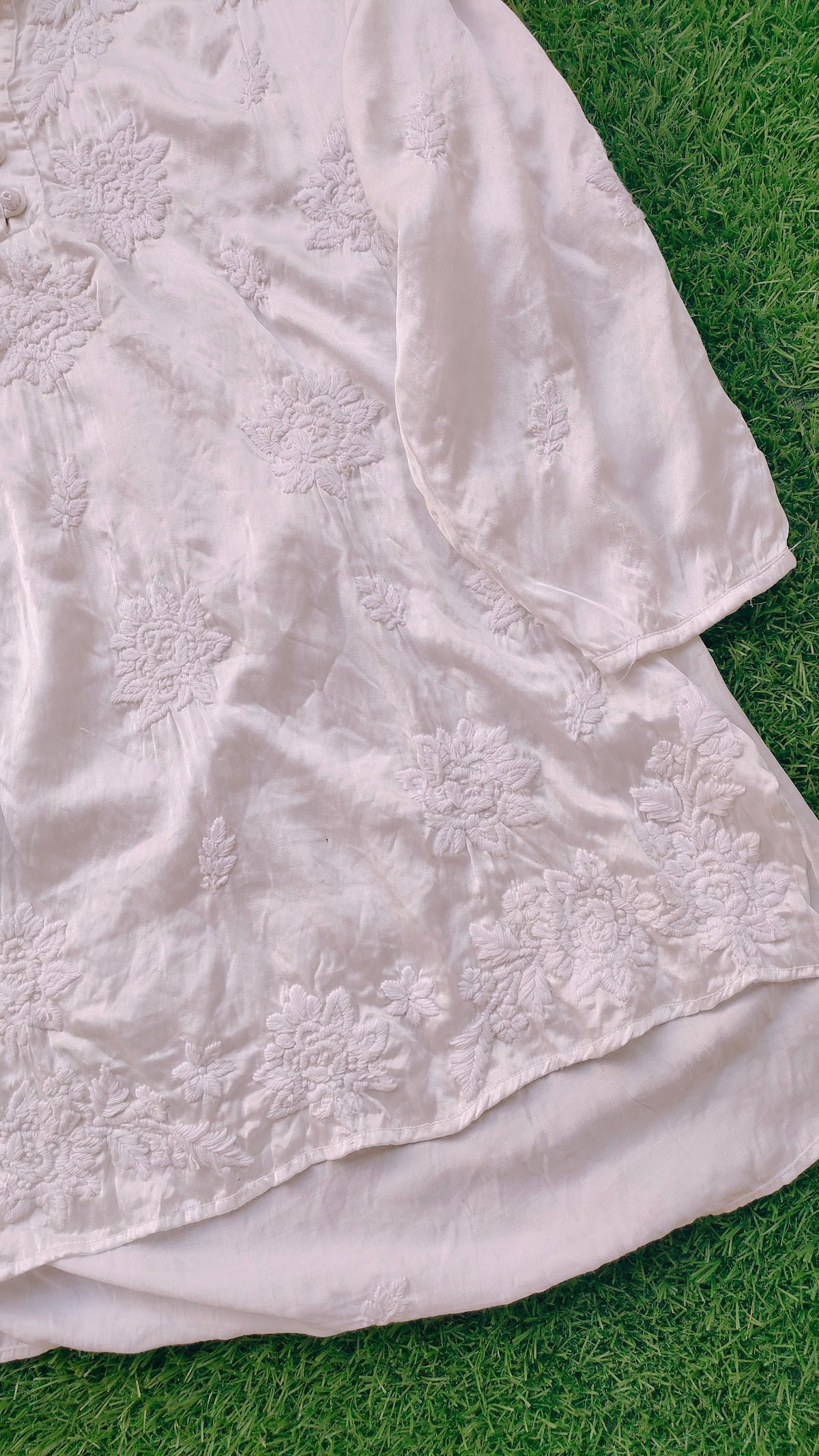 Handmade Chikankari Kurta and Safed Co-ord Set by LVW Fashions in premium satin, dyeable fabric, featuring handcrafted detailing.