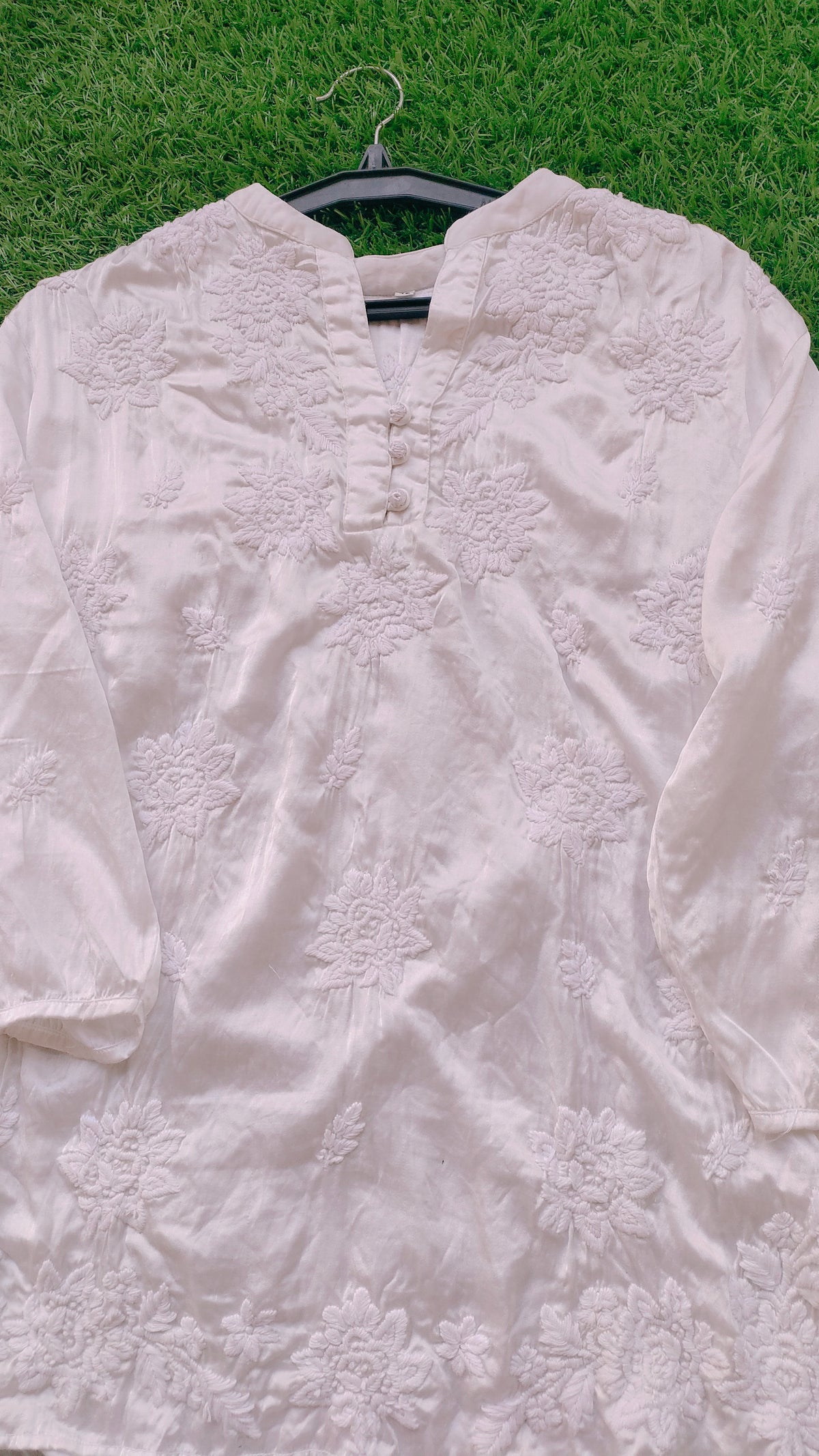 LVW Fashions handcrafted Chikankari kurta co-ord set with premium satin tunic top, dyeable fabric, pure handmade Lucknow style.