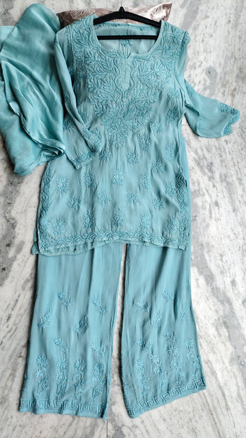 Adaya Cotton Silk Pure Handcrafted Co-ord Set by LVW Fashions featuring traditional Lucknow Chikankari kurta and matching bottoms.
