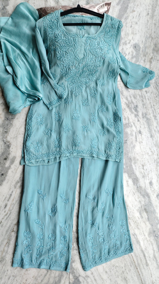 Adaya Cotton Silk Pure Handcrafted Co-ord Set by LVW Fashions featuring traditional Lucknow Chikankari kurta and matching bottoms.