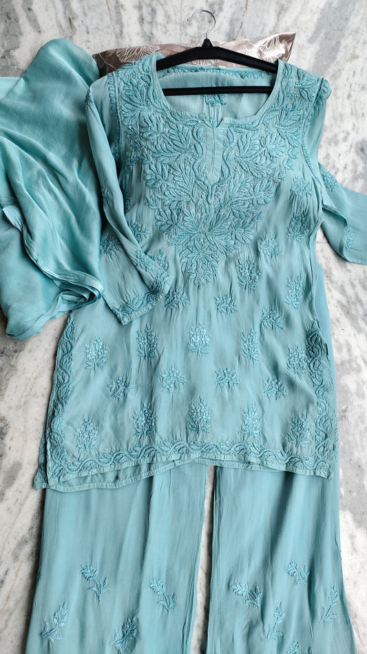 Adaya cotton silk handcrafted co-ord set with Lucknow chikankari embroidery, featuring a kurta and matching bottoms by LVW Fashions.