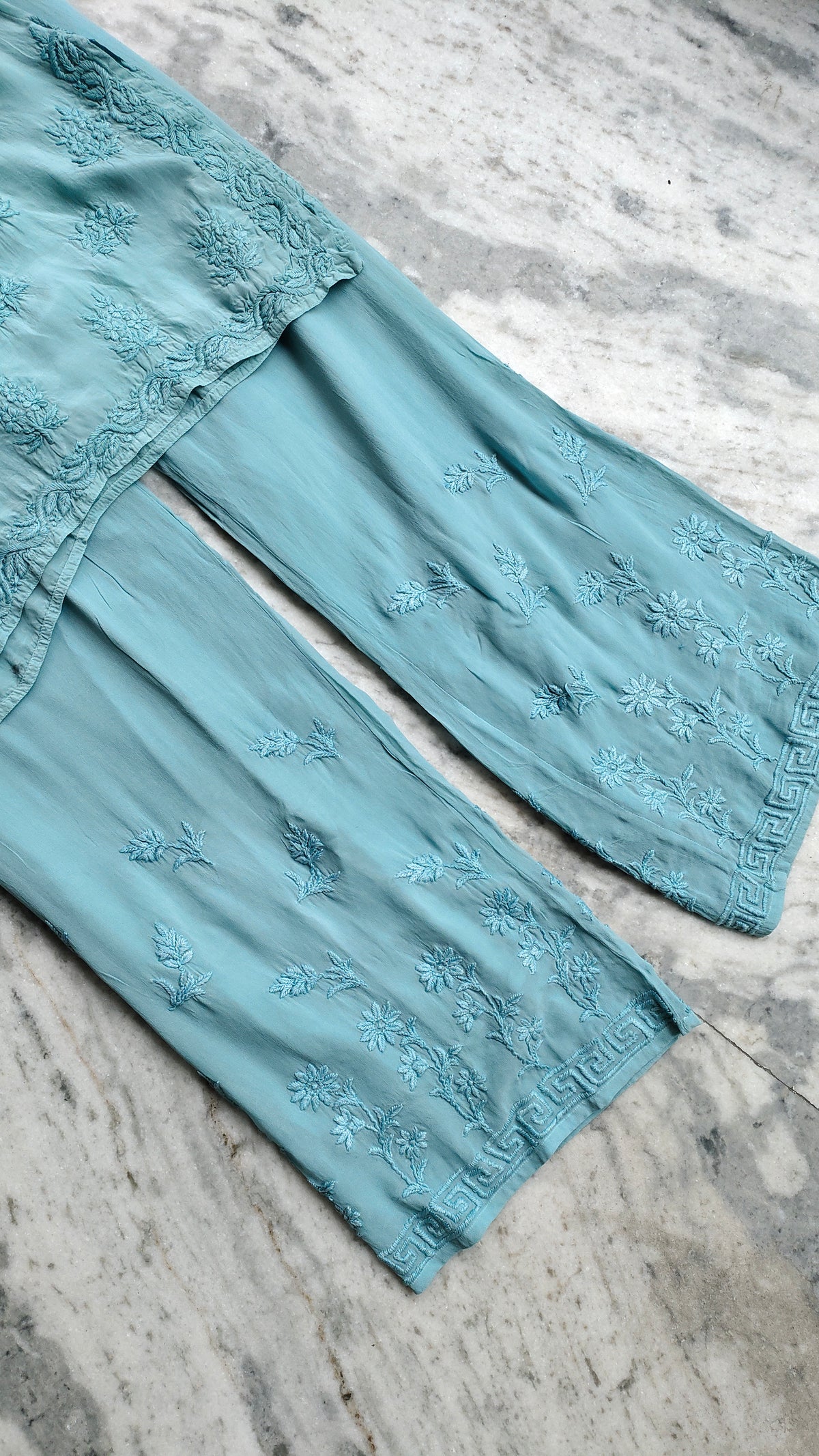 Adaya cotton silk handcrafted co-ord set with Lucknow chikankari embroidery featuring a kurta and matching pants from LVW Fashions.