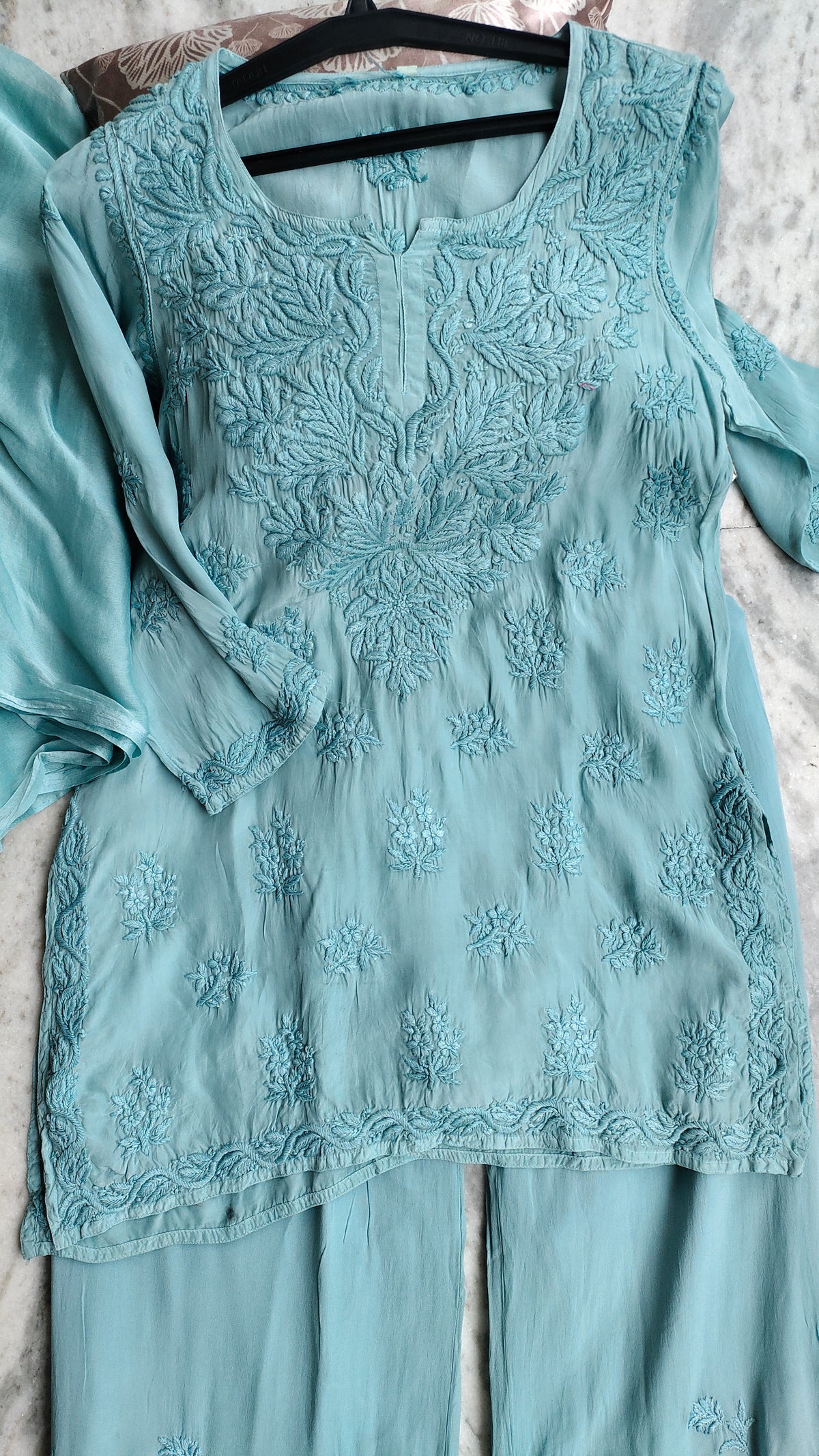 Adaya cotton silk handcrafted co-ord set with Lucknow chikankari embroidery, featuring a kurta and matching pants from LVW Fashions.