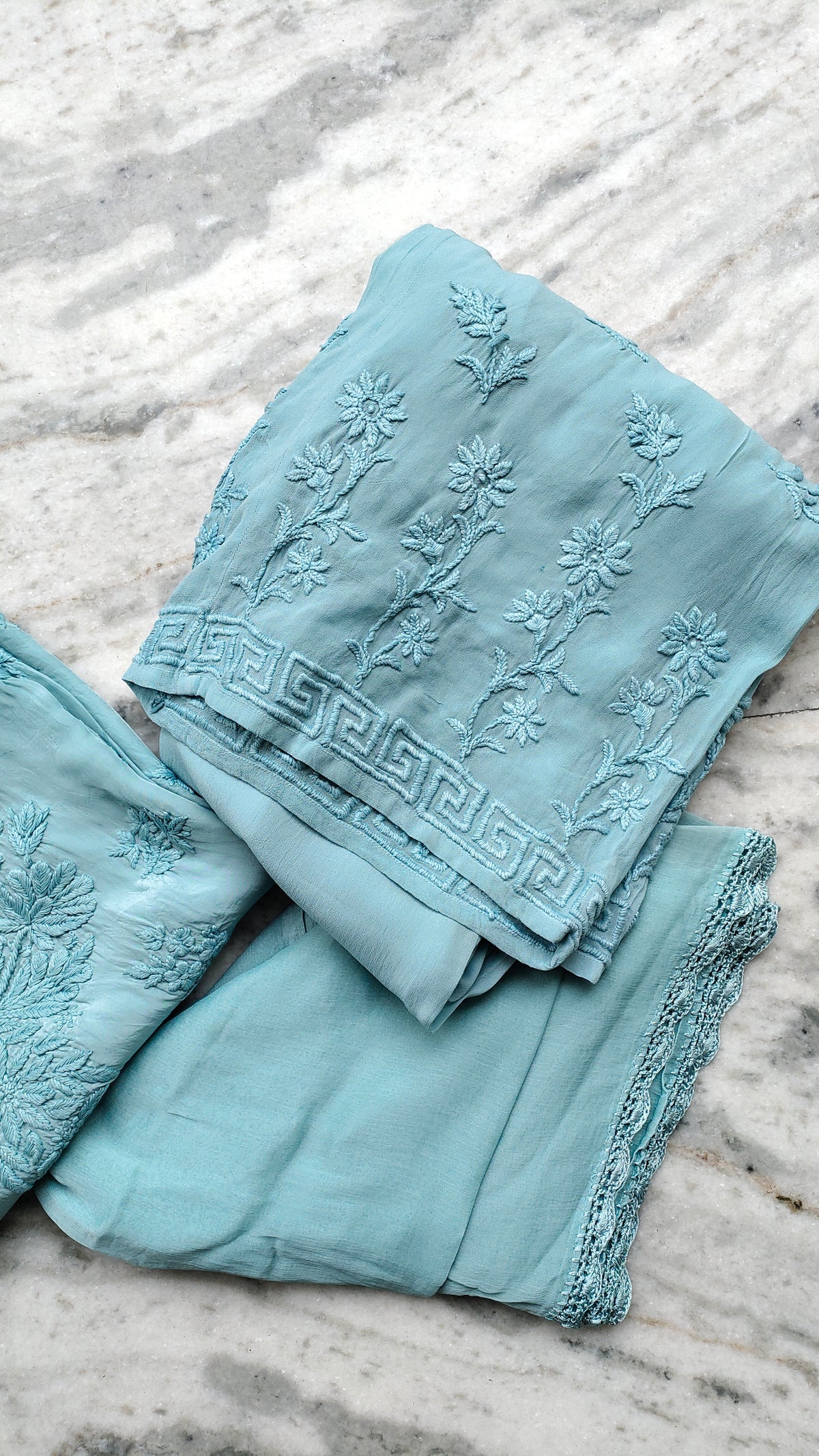 Adaya cotton silk handcrafted co-ord set with a Lucknow chikankari kurta, featuring intricate white embroidery and a coordinated look.