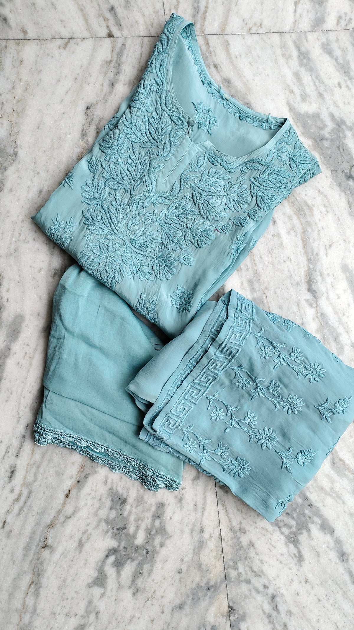 Aadya cotton silk handcrafted co-ord set with Lucknow chikankari from LVW Fashions, featuring a traditional embroidered kurta and matching pants.