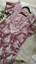 Deep lavender silk designer co-ord set with handcrafted Lucknow Chikankari and golden embroidery by LVW Fashions.