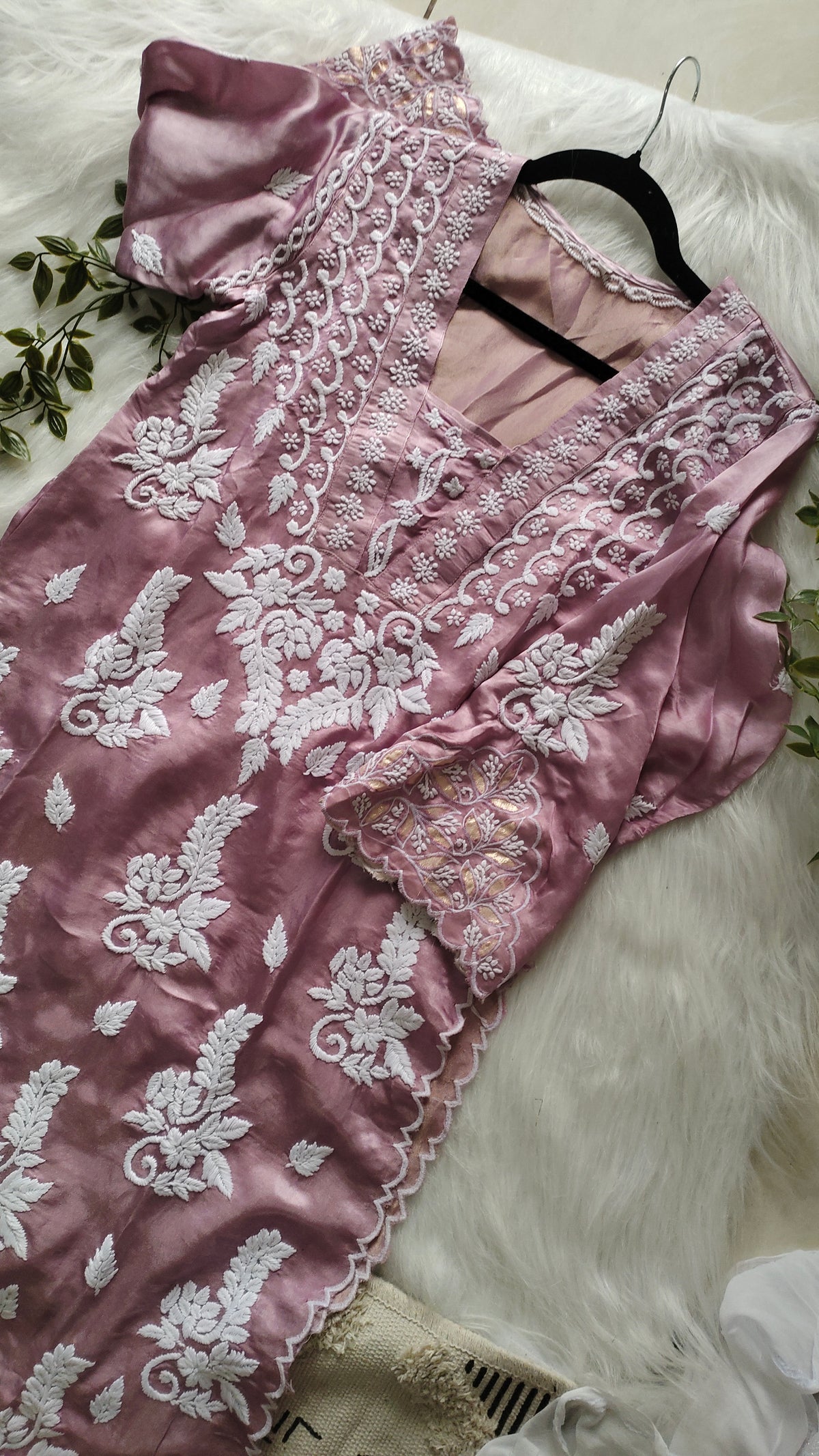 Deep lavender silk designer co-ord set with handcrafted Lucknow Chikankari and golden embroidery by LVW Fashions.