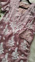 Deep lavender silk co-ord set by LVW Fashions with handcrafted Lucknow Chikankari and golden embroidery, perfect for elegant occasions.